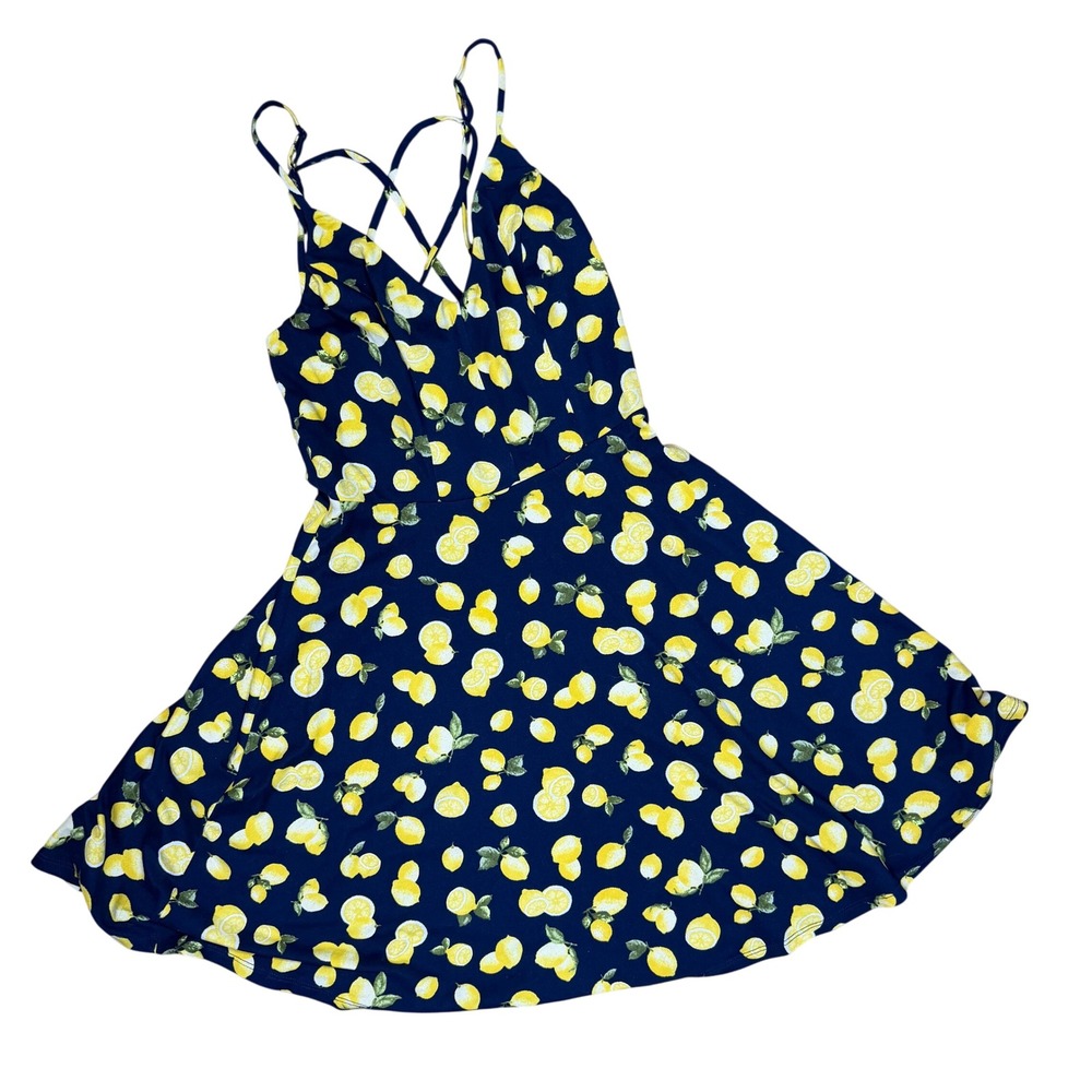 Summer Lemon Print Mini Dress ✨ Navy Blue Strappy Back Fit & Flare